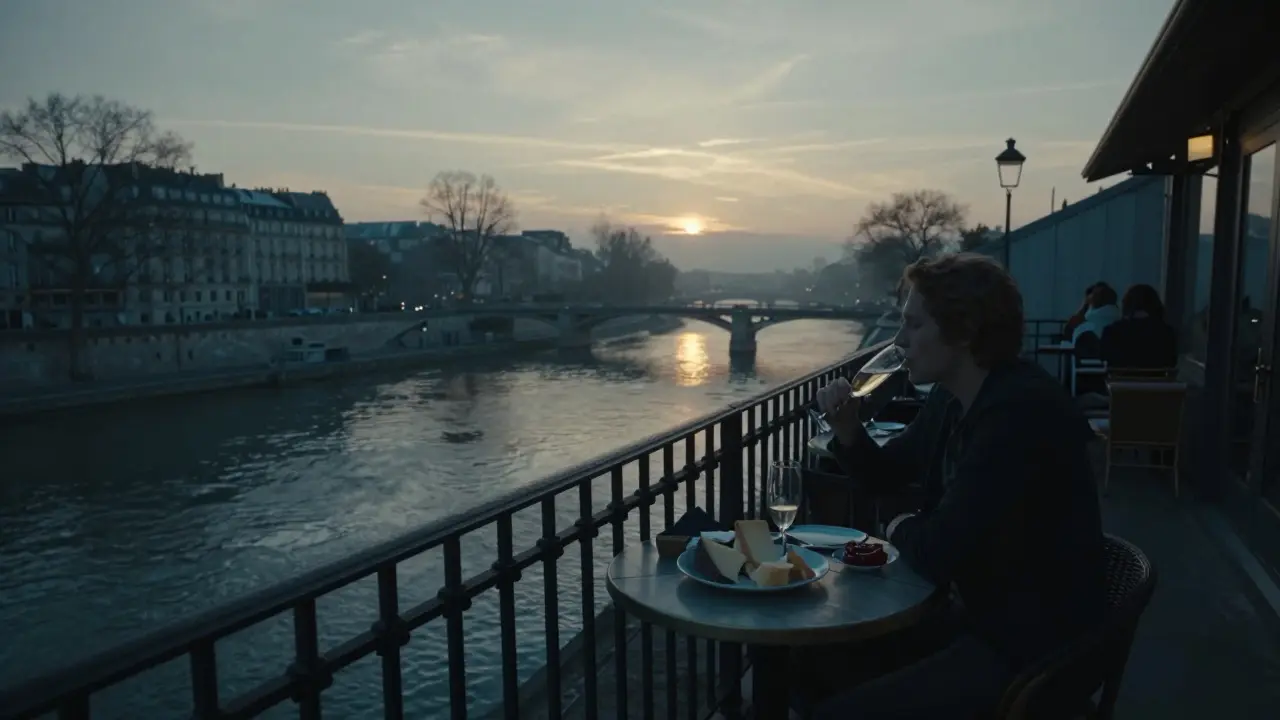 Rooftop bar at sunrise over a calm canal, one person sipping champagne as the city wakes in soft golden light.
