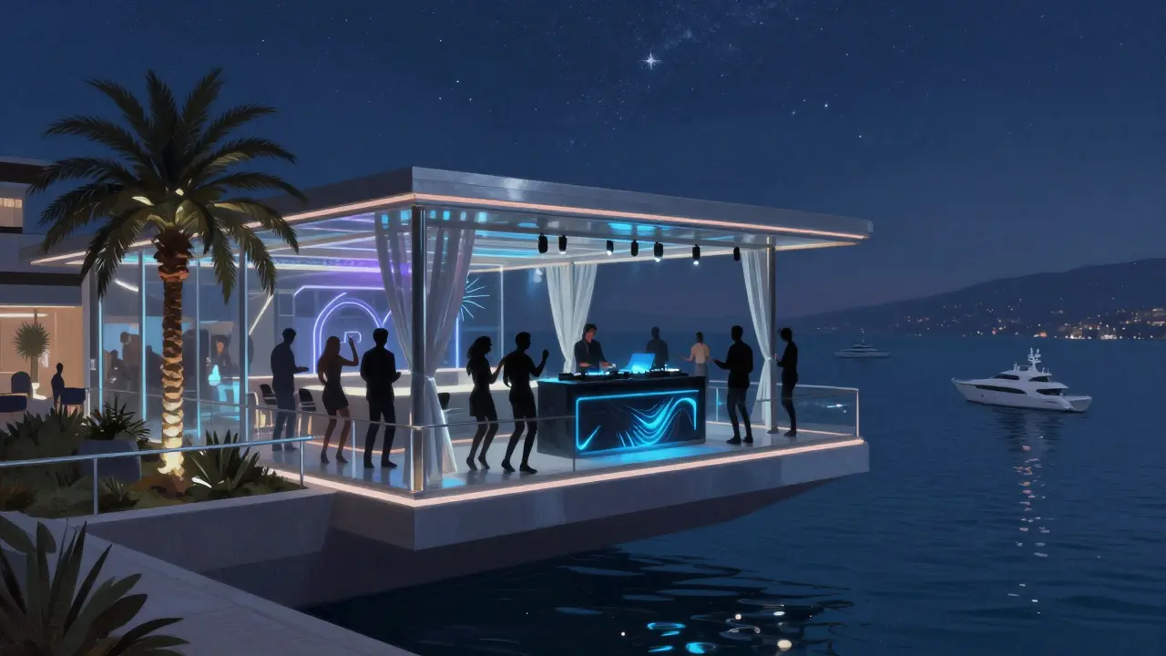 Rooftop club Le Rêve overlooking the Mediterranean at night with neon lights and dancing silhouettes.