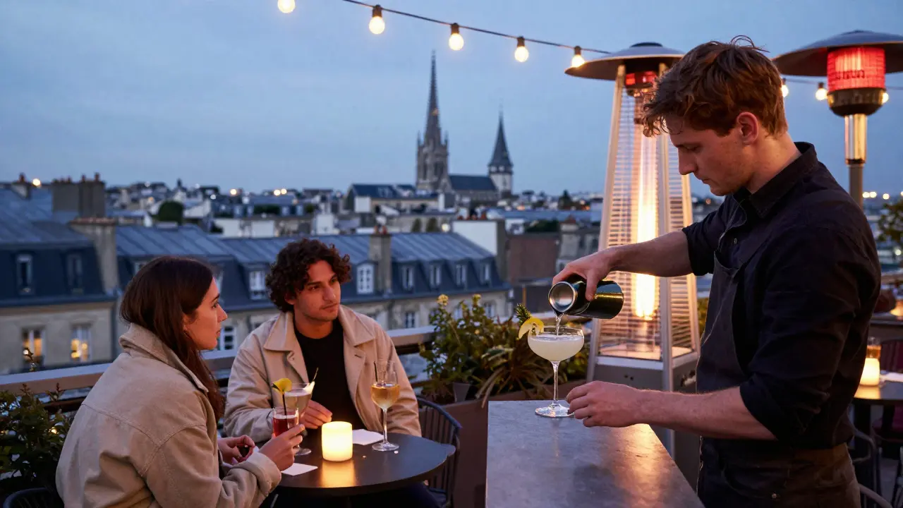 Rooftop terrace at dusk with cocktails, city views, and guests enjoying drinks under string lights.