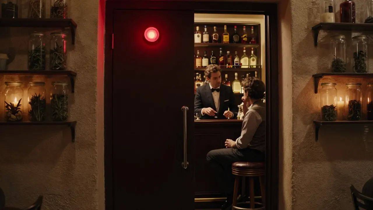 Secret speakeasy behind a fridge door, dimly lit with rare spirits and a bartender conversing with a guest.