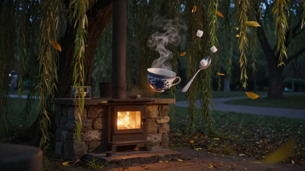 Silent tea house at midnight with floating tea cup and steam rising among weeping willows, lit only by a warm stove glow.