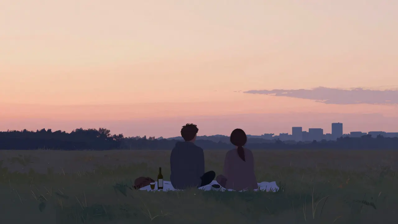 Silhouettes of two figures sitting together on a blanket at Tempelhofer Feld at sunset.