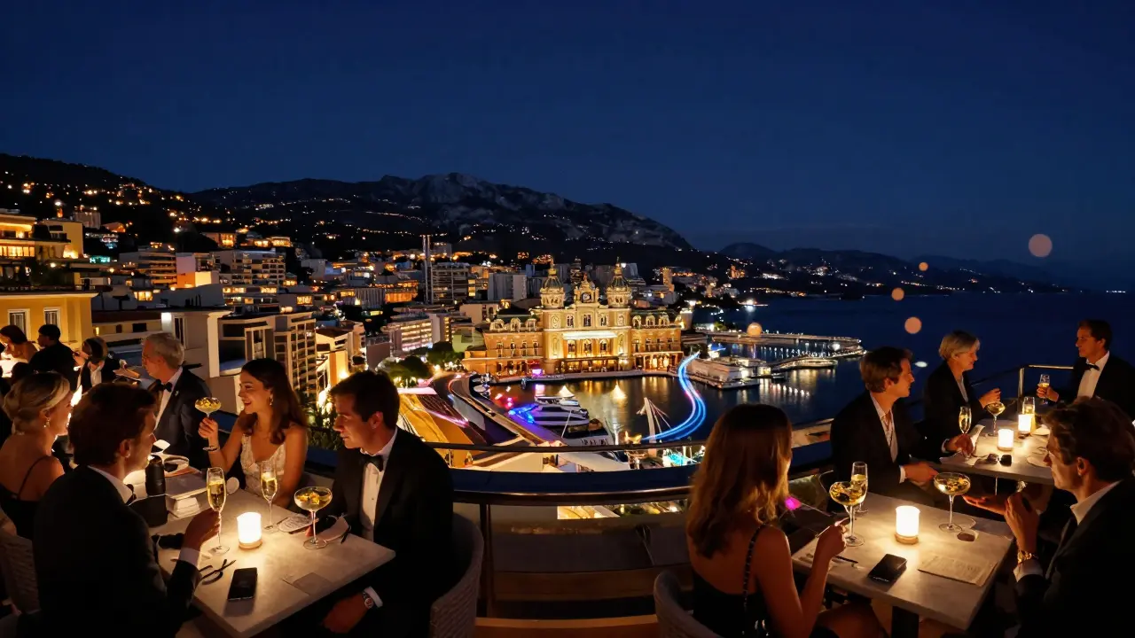Sky Bar Monte Carlo rooftop at night with guests sipping champagne and a panoramic view of Monaco’s illuminated harbor.
