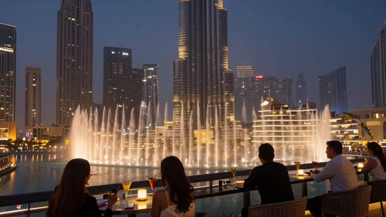 Sky View Bar with breathtaking view of Burj Khalifa and Dubai Fountain under twilight sky.