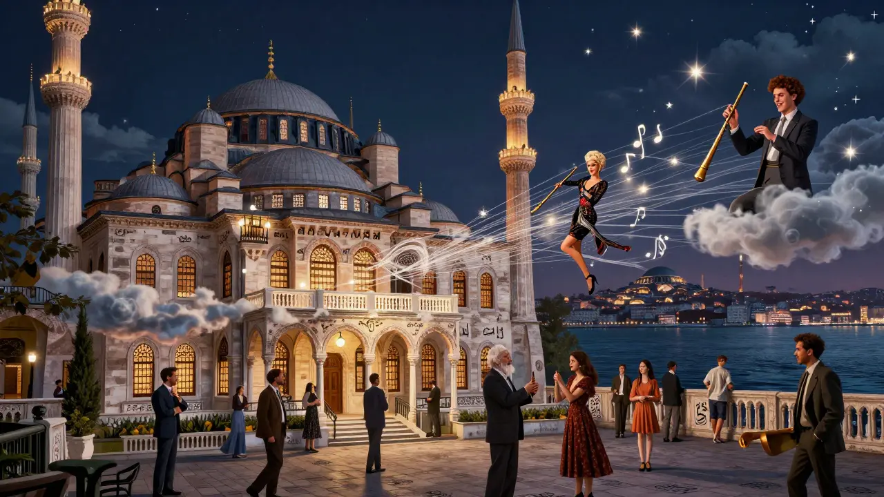 Surreal Ottoman mansion turning into a tapestry of raki clouds and floating ney flutes connecting diverse people.