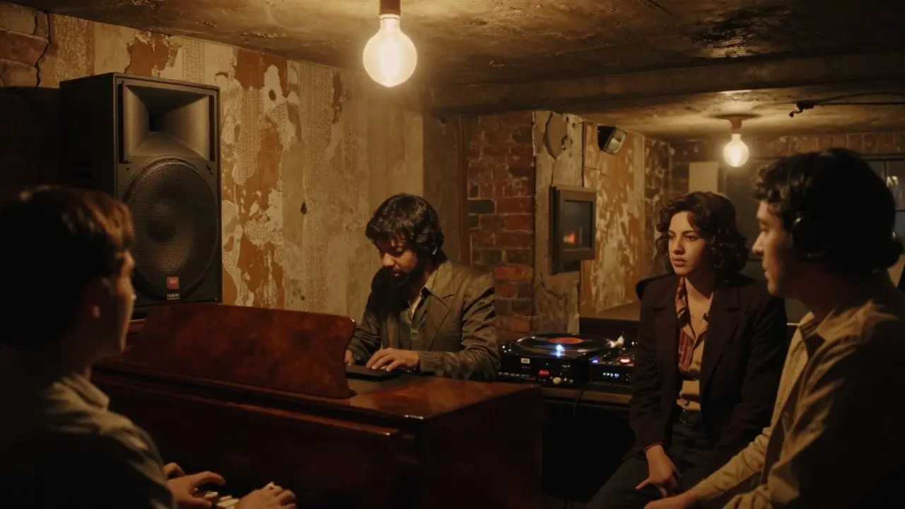 The Basement jazz club with a pianist playing under warm lights, vinyl spinning, and patrons lost in the music.
