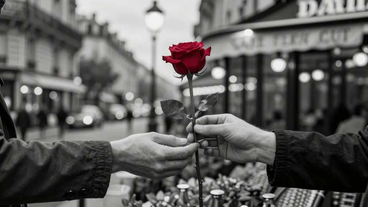 Two hands exchange a single red rose against a blurred Parisian twilight backdrop, the only splash of color in a grayscale scene.