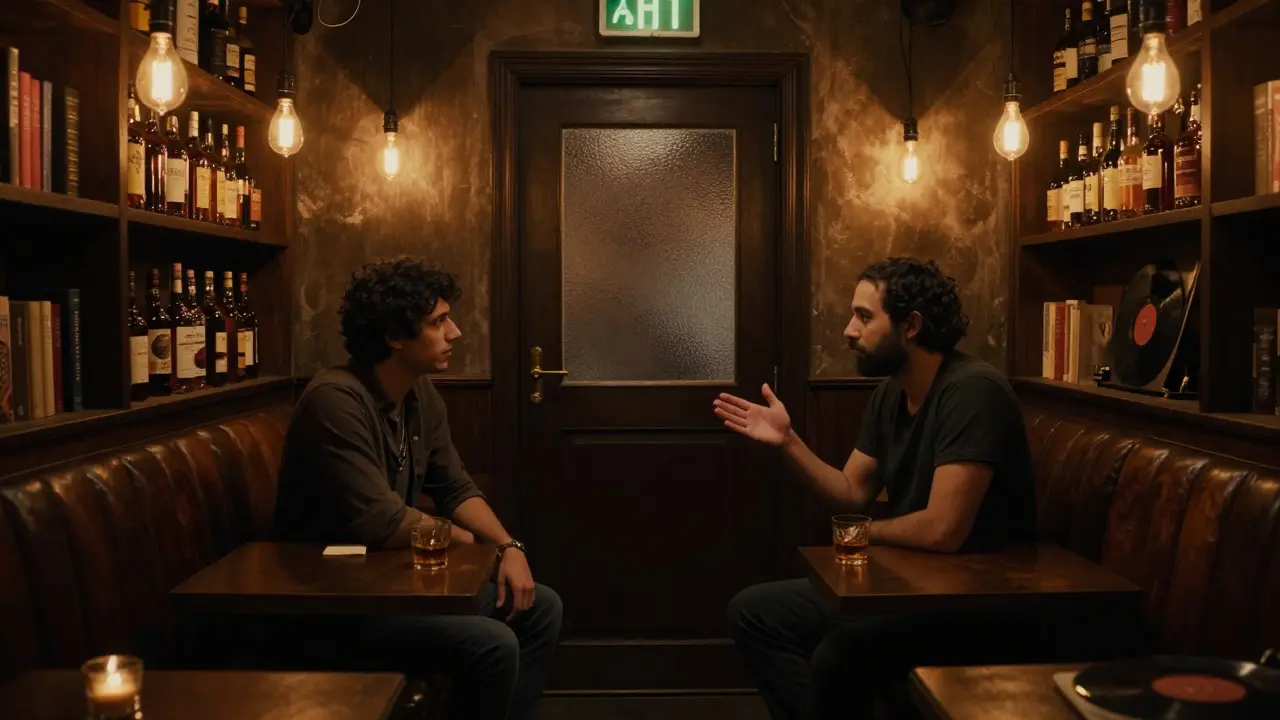 Two people conversing in a dimly lit hidden speakeasy with whiskey bottles and vintage decor.