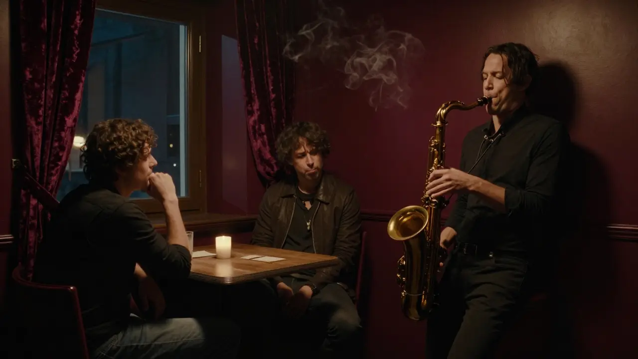 Two people in a dim jazz bar, one listening to a saxophone solo, shadows and smoke filling the air.