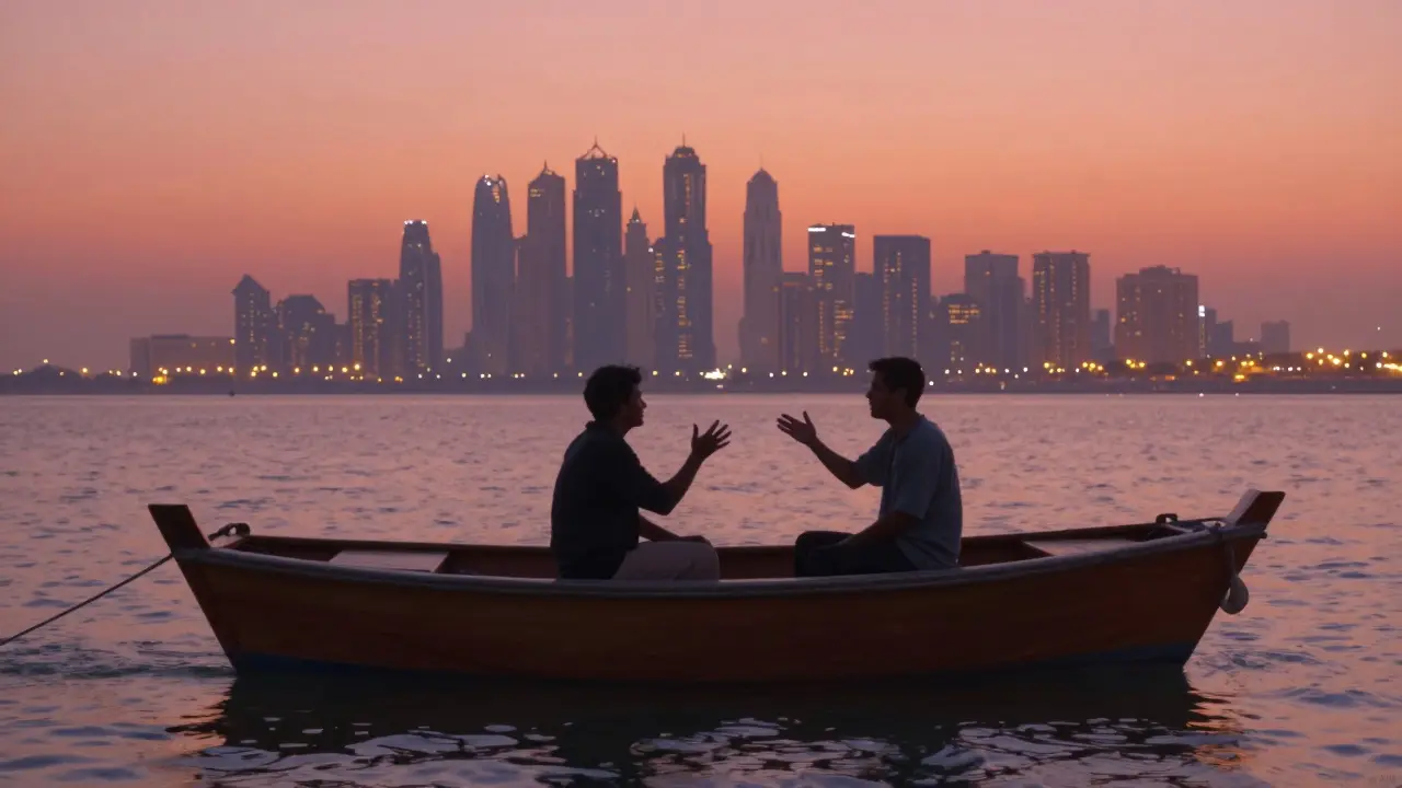Two people on a sunset dhow cruise along Dubai Marina, sharing a quiet moment.