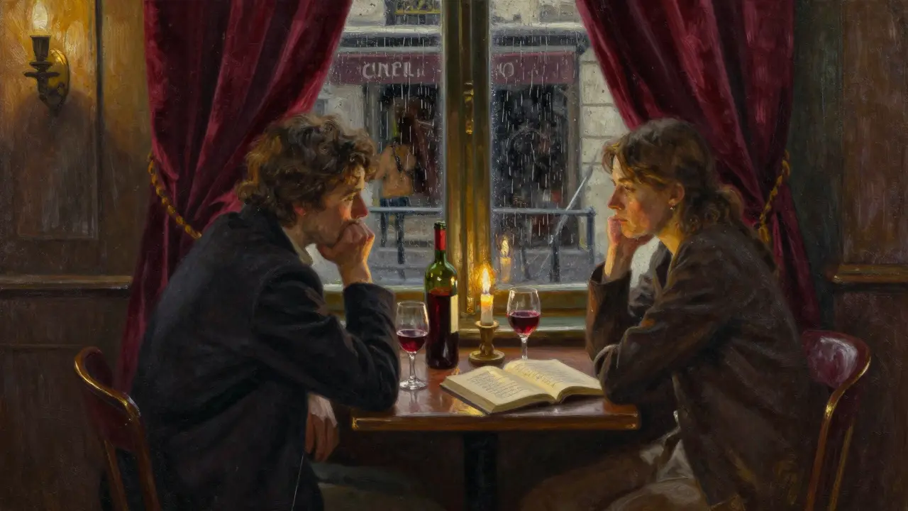 Two people share wine and poetry in a quiet Parisian bistro, candlelight glowing softly on their faces.