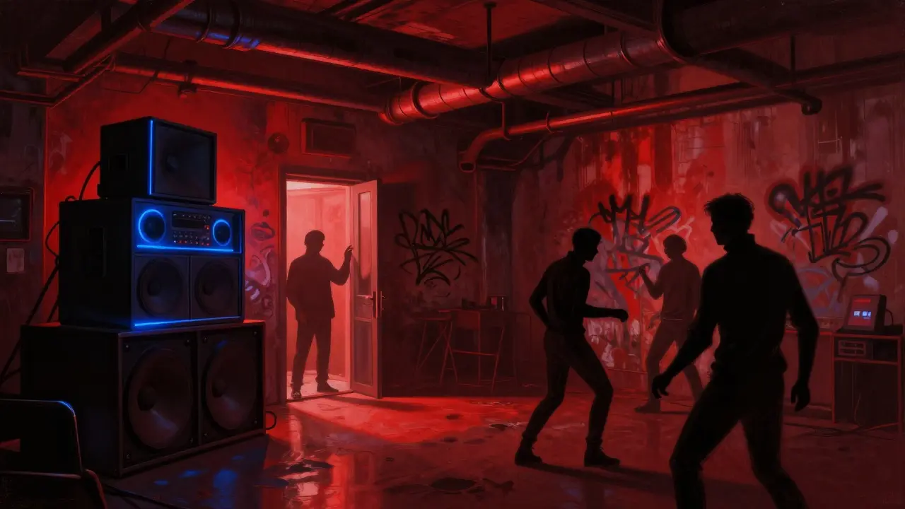 Underground club in a converted warehouse with dancers, red lighting, and a glowing sound system in a moody, industrial setting.