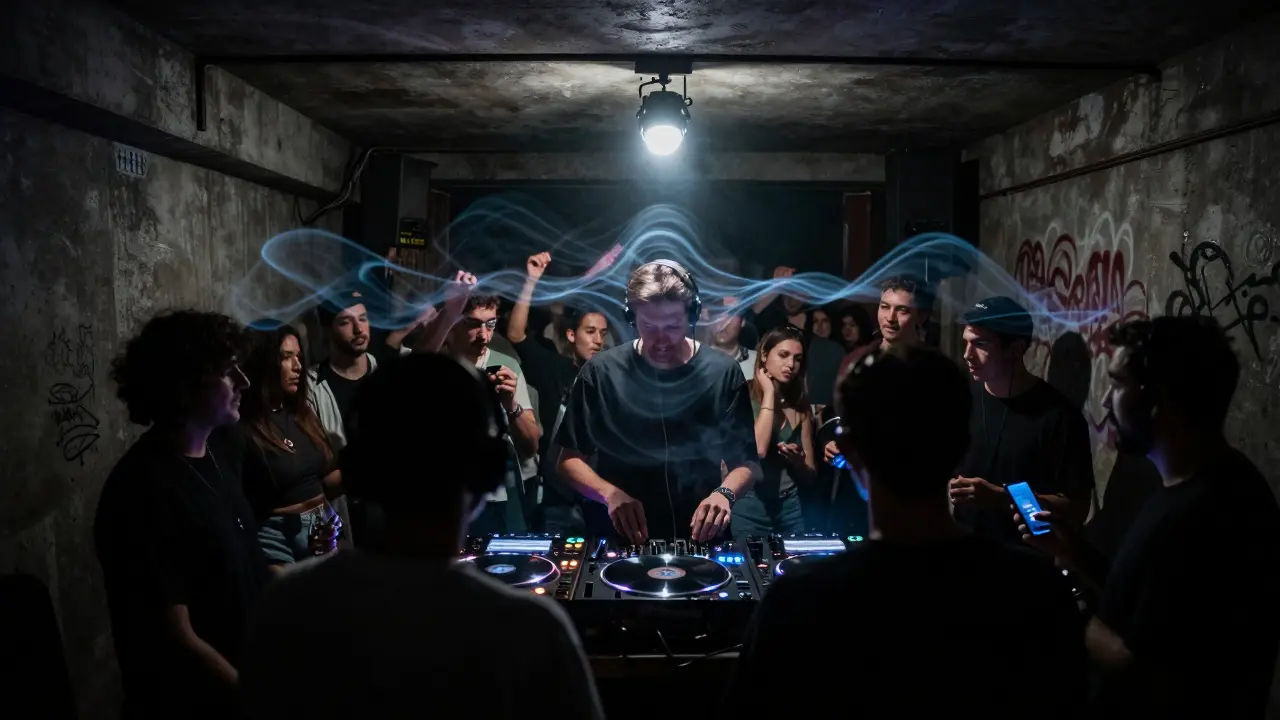 Underground club The Basement with raw concrete walls and a small crowd dancing to live techno.