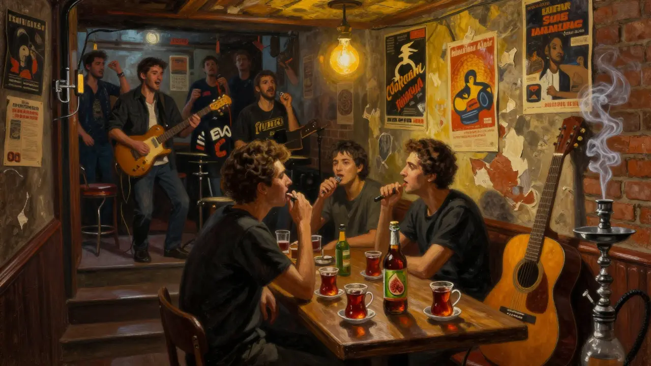 Underground rock bar in Kadıköy with crowd singing, tea mugs, and vintage posters under a single hanging bulb.