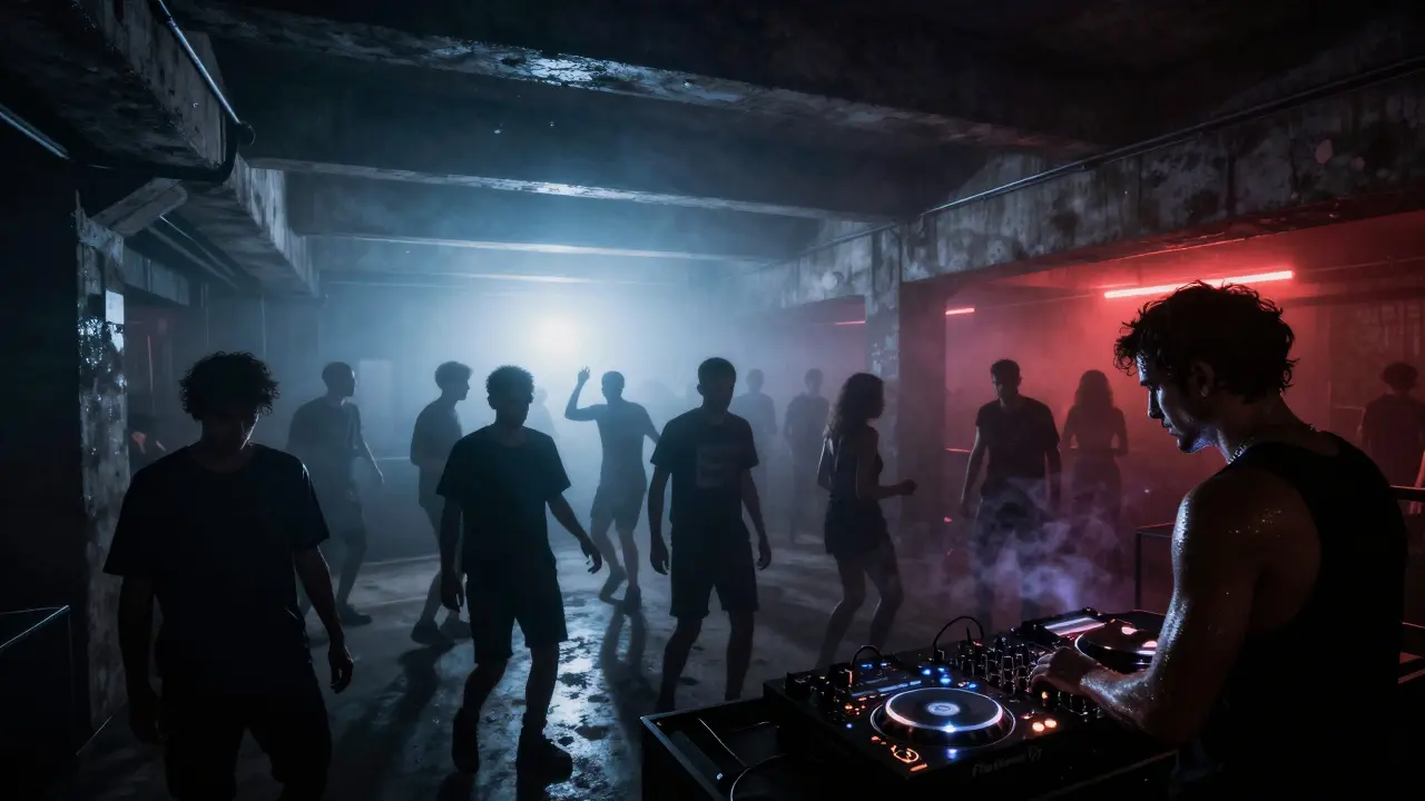 Underground techno club with fog, dancers in silhouette, raw concrete walls, no phones, intense lighting.