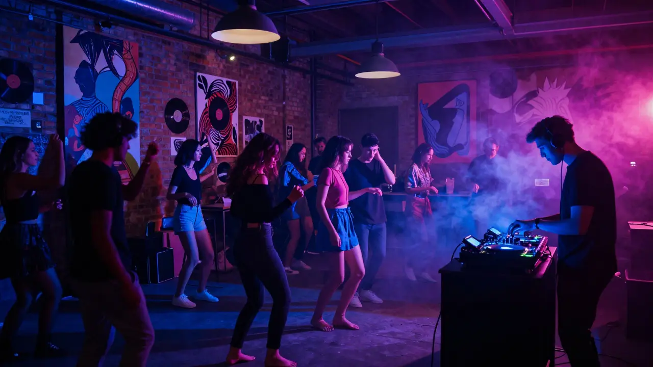 Underground warehouse party at The Yard in Alserkal Avenue with pulsing neon lights and dancers.