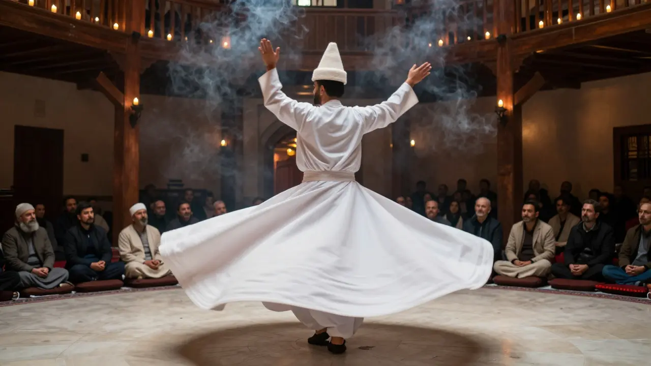 Whirling Dervishes in white robes performing a sacred ritual in a quiet, candlelit lodge surrounded by silent observers.