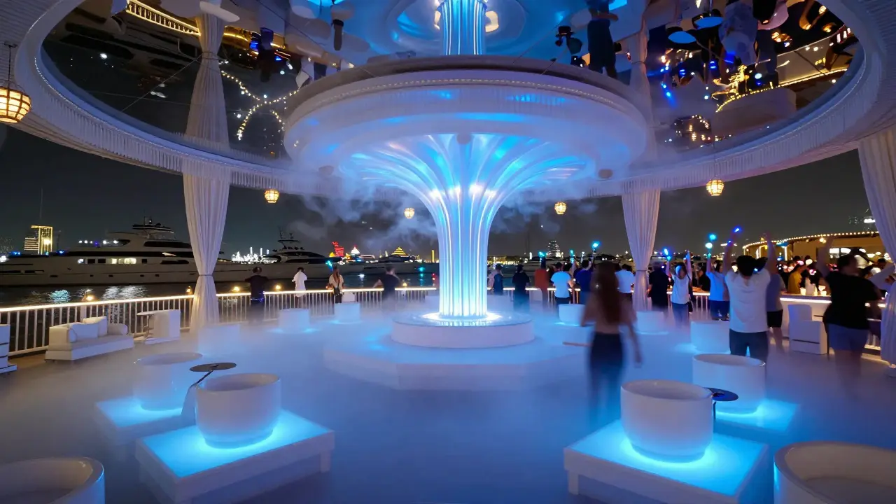 White nightclub with glowing fog and mirrored ceiling under electric blue lights in Dubai Marina.