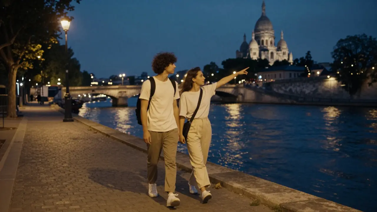 A companion and traveler walking peacefully along the Seine at night, with Montmartre in the distance.