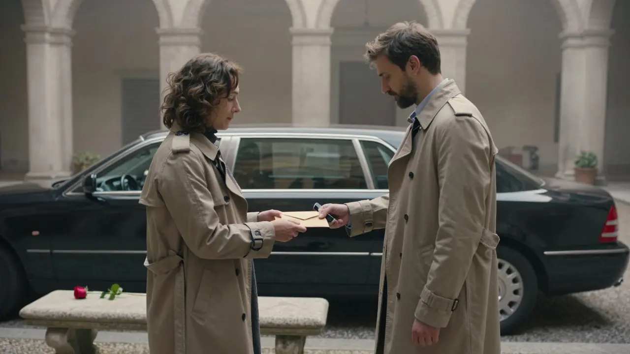 A companion hands a sealed envelope to a client at dawn in a quiet Milan courtyard, a black limousine waiting nearby.
