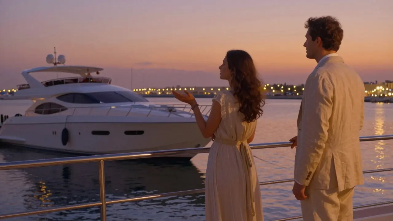 A couple on a private yacht at dusk, gazing at Dubai Marina’s skyline, exuding calm companionship.