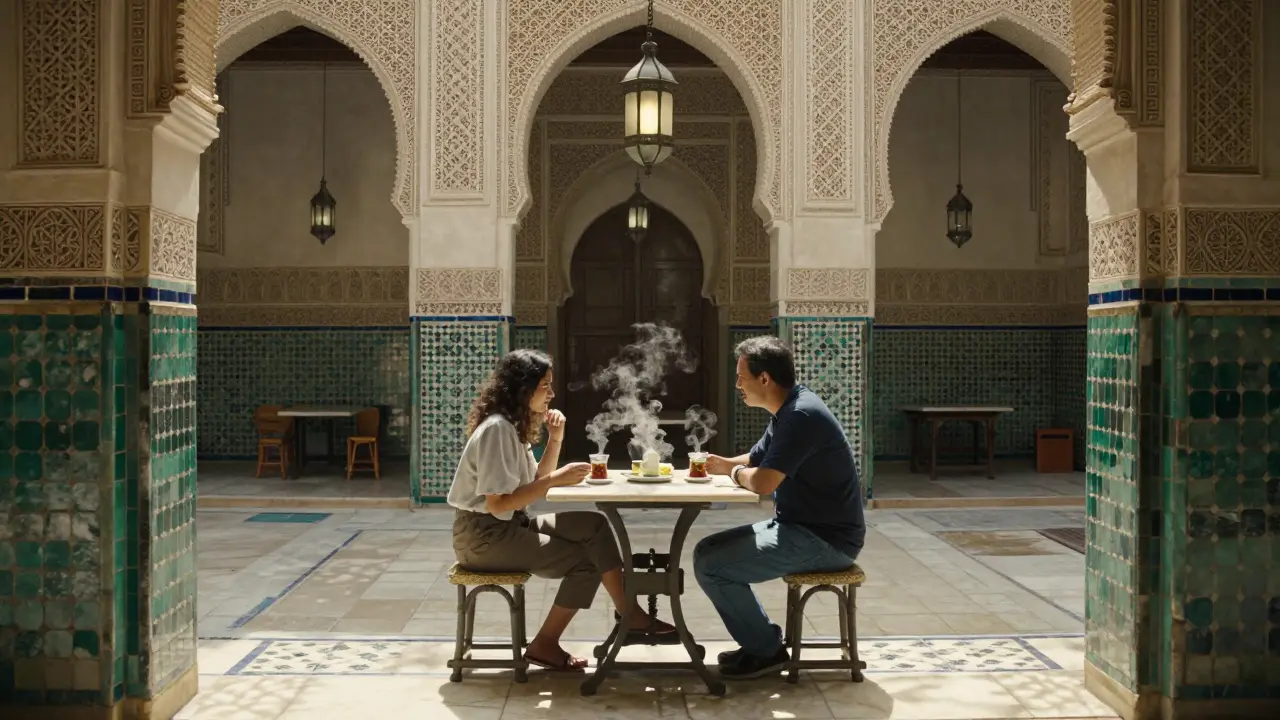 A couple shares mint tea in the tranquil courtyard of La Grande Mosquée de Paris, surrounded by ornate arches and soft light.