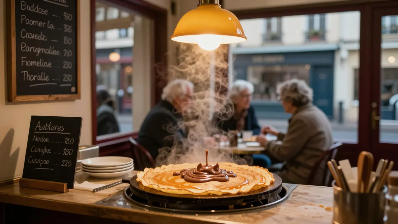 A crêperie in Montmartre at 3 a.m. serving a warm Nutella crêpe to an elderly couple.