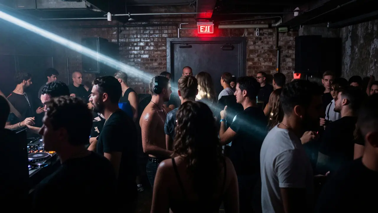 A crowded underground club with pulsing lights and a crowd dancing on a concrete floor to techno music.