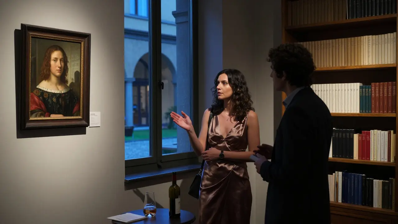 A cultured companion discusses art with a client in a private Milan gallery, surrounded by masterpieces and bookshelves.