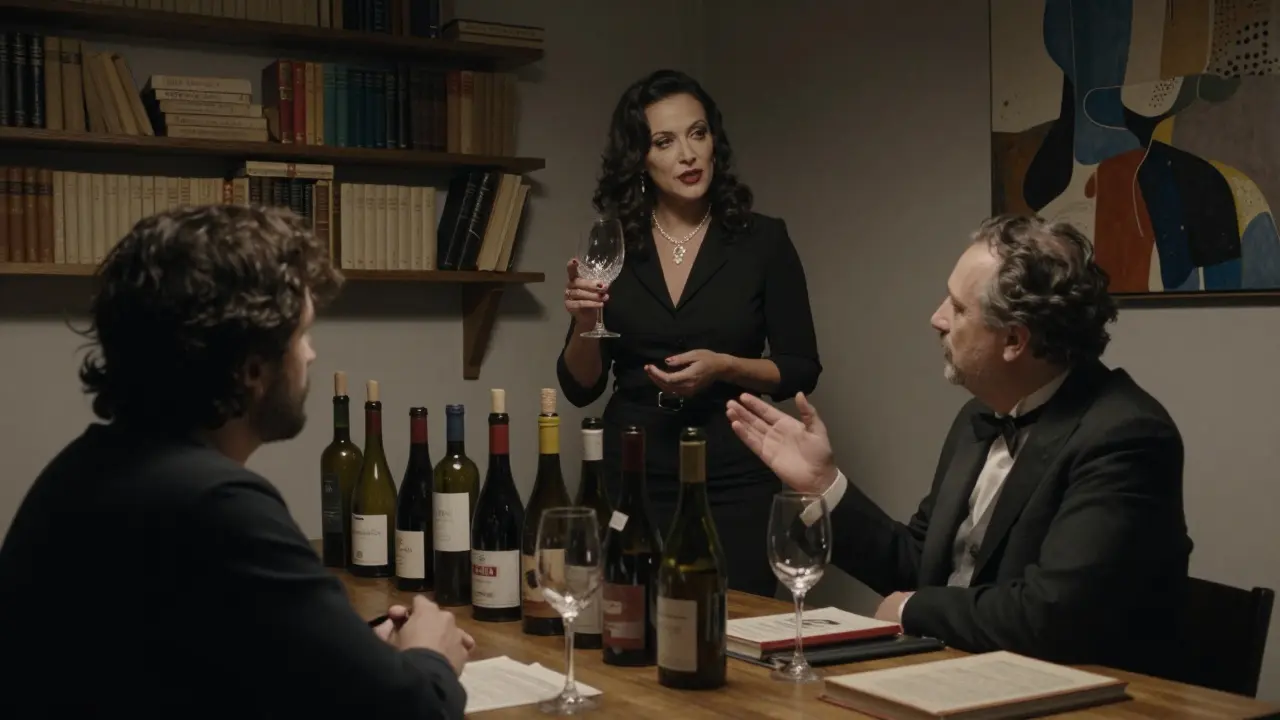 A cultured escort discussing opera and wine with a client in a Mayfair private tasting, surrounded by art and books.