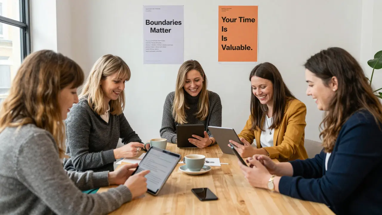 A diverse group of independent escorts gather in a bright co-working space, reviewing feedback and laughing together.