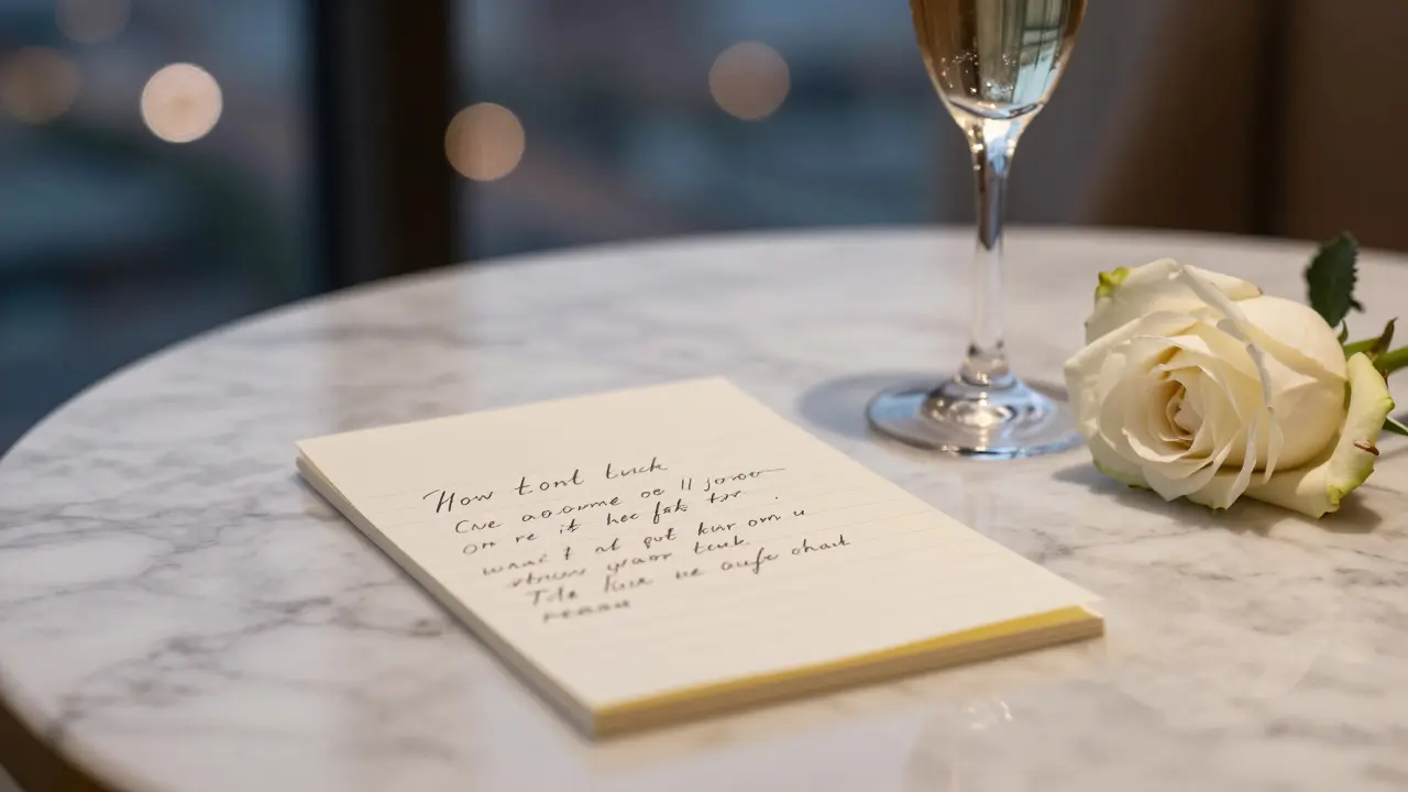 A handwritten note and empty champagne flute on marble beside a rose, symbolizing a discreet and memorable evening in Abu Dhabi.