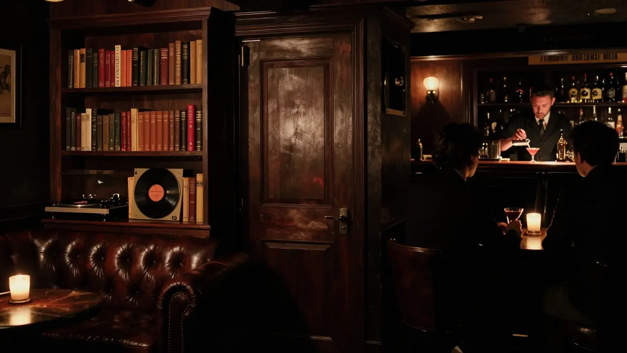 A hidden bar with leather sofas and candlelight, accessed through a bookshelf, patrons in quiet conversation.