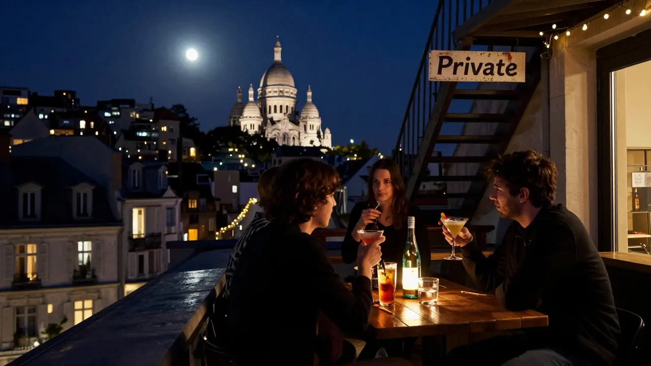 A hidden rooftop bar in Montmartre with city lights glowing behind patrons sipping cocktails.