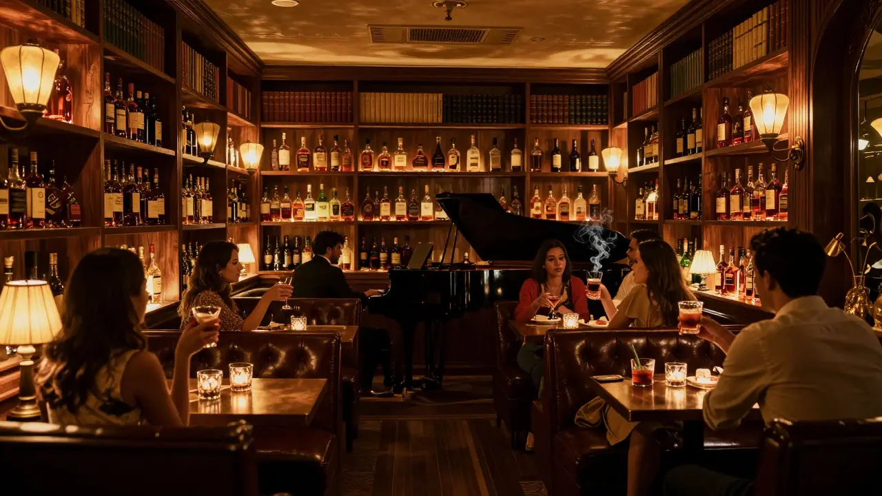 A hidden speakeasy with warm lighting, whiskey bottles, and a pianist playing jazz in downtown Abu Dhabi.