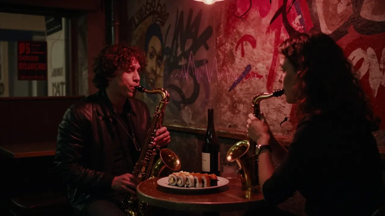 A man and woman enjoy jazz in a dimly lit Berlin basement club surrounded by street art.