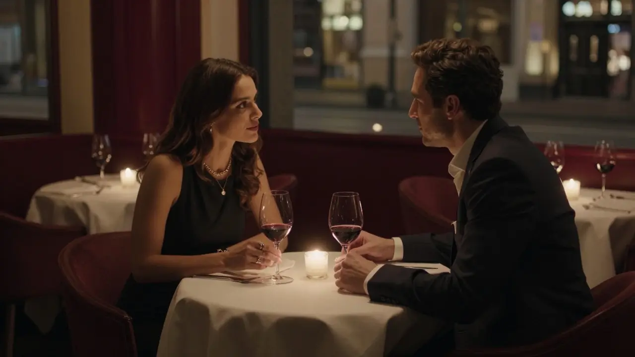 A man and woman share a quiet, candlelit dinner in a private Milan restaurant, engaged in thoughtful conversation.