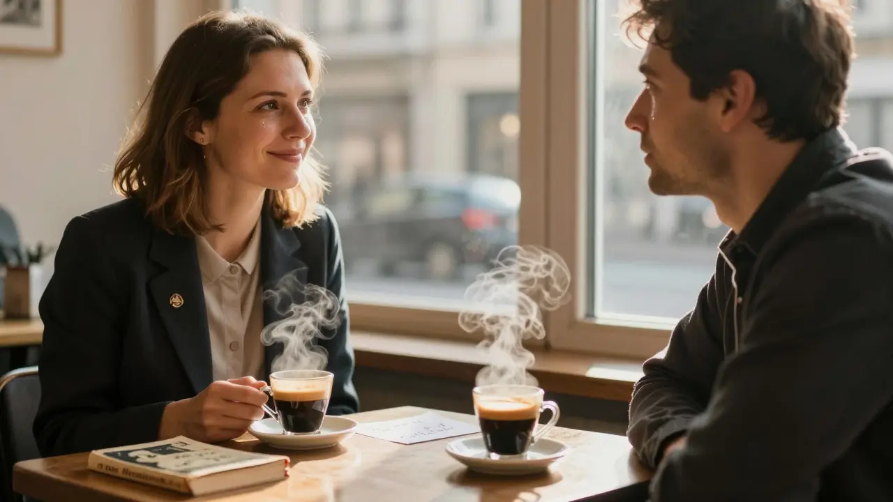 A man sits alone in a Kreuzberg café, tears in his eyes, as a woman listens quietly over untouched coffee.