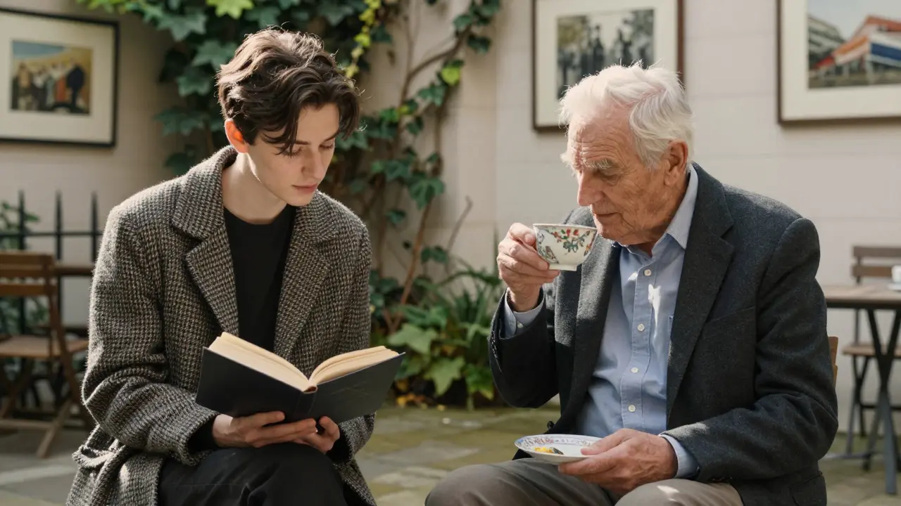 A non-binary companion and an elderly man enjoying tea in a sunlit London courtyard.