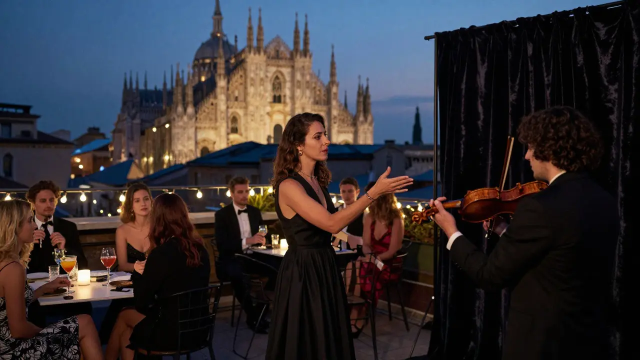 A private rooftop event at dusk in Navigli, guests in elegant attire under string lights with the Duomo glowing in the distance.