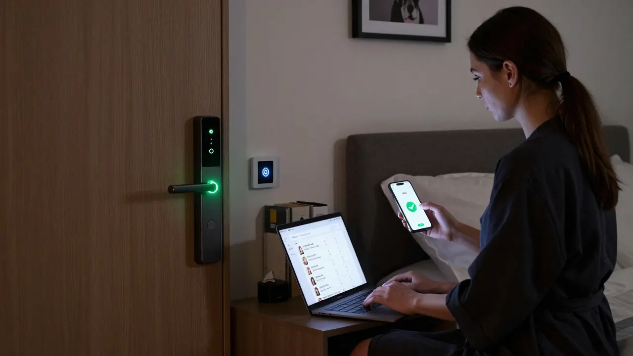 A professional escort's secure London apartment with smart lock, panic button, and client review screen visible.
