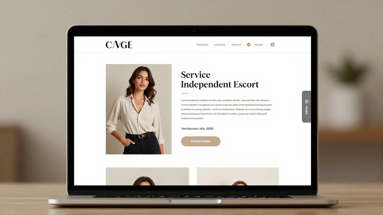 A professional escort's website on a laptop with real photos, clear policies, and secure payment icons.