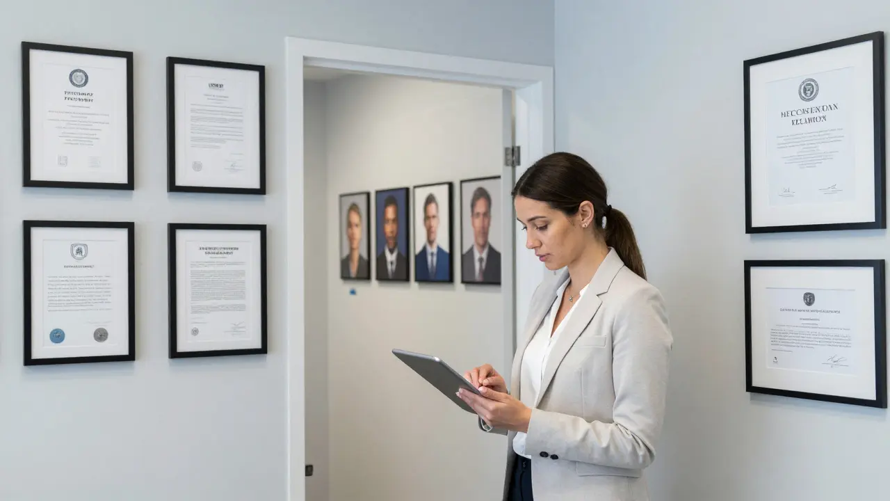 A professional escort in a minimalist office reviewing a digital contract, symbolizing discretion and formal training.