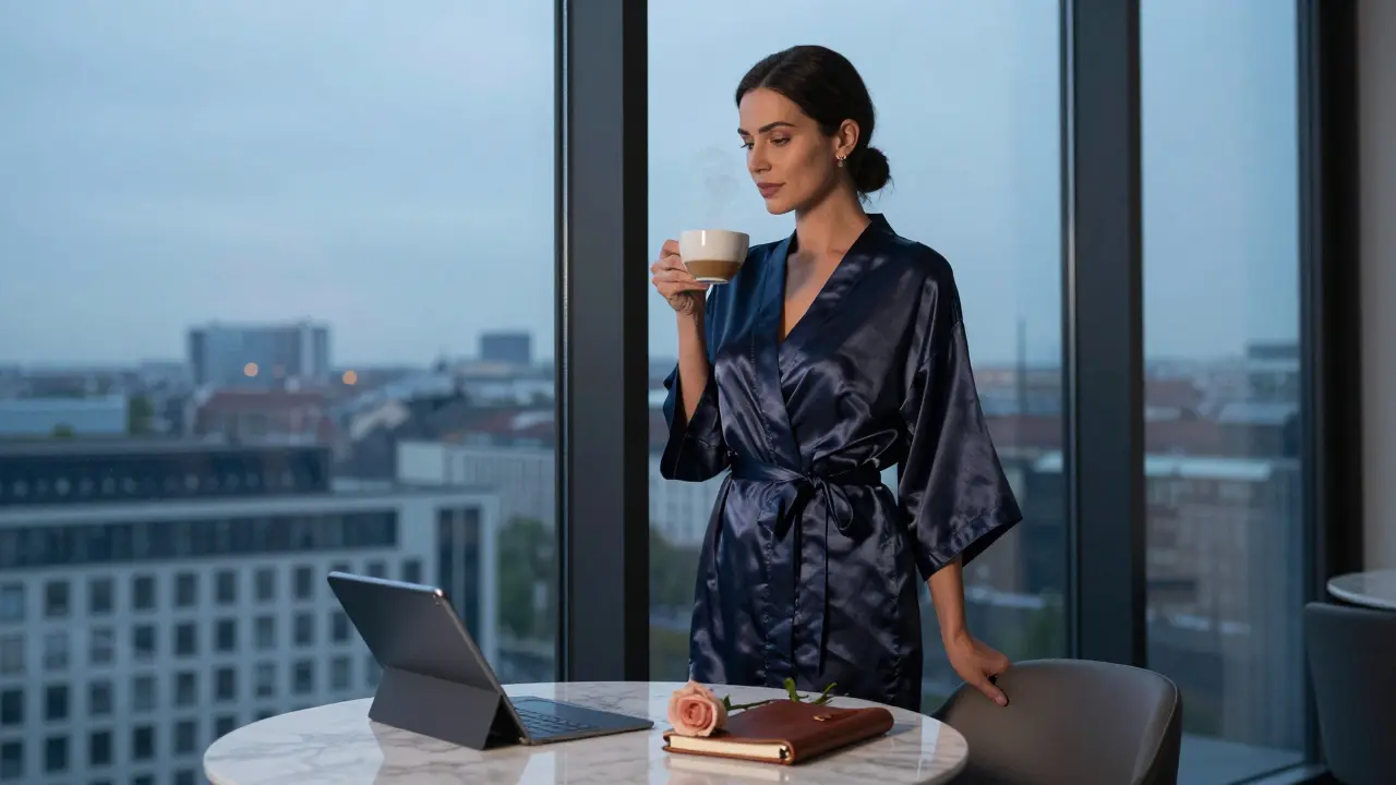 A professional woman in a silk robe standing by a window in a Berlin penthouse, holding coffee beside an encrypted tablet and a rose.