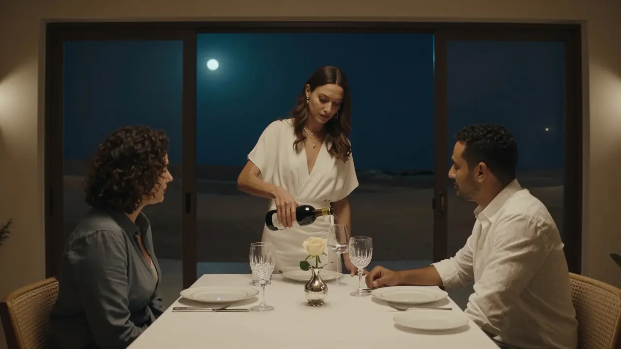 A refined dinner setting in a private villa, with a woman pouring wine as a man listens intently under moonlight.