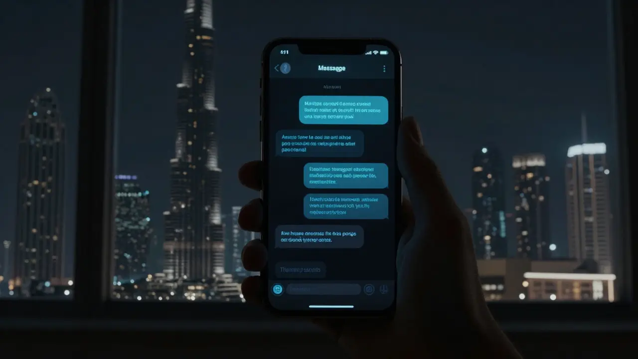 A smartphone screen displaying encrypted messages, with a Dubai skyscraper silhouette visible through the window.