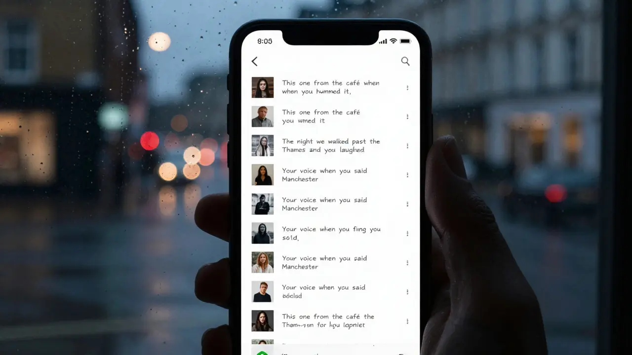 A smartphone screen showing a curated playlist with personal song notes, lit by London streetlights through a rainy window.