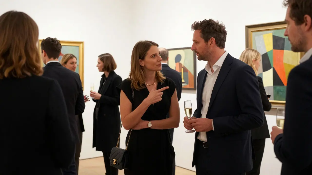 A sophisticated couple at an exclusive Berlin art gallery opening, engaged in thoughtful conversation among art patrons.