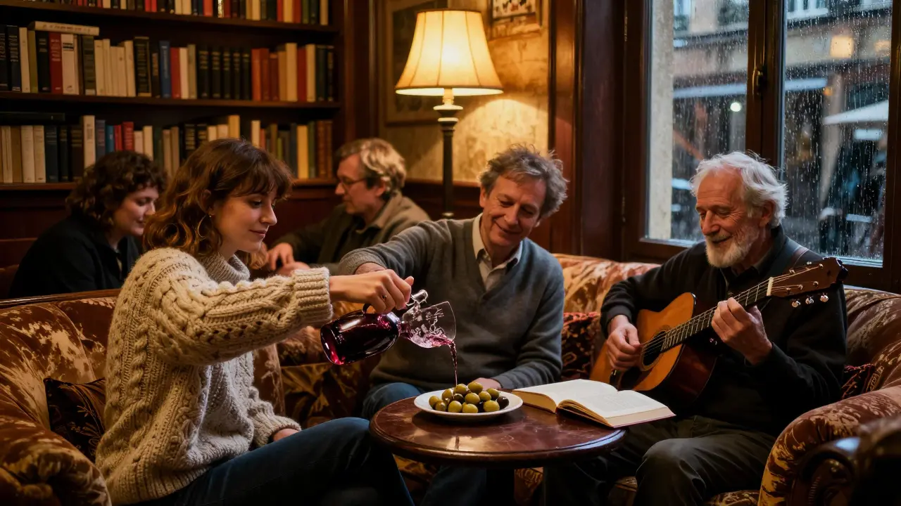 A warm, book-filled bar in Paris where locals share wine and conversation late at night.