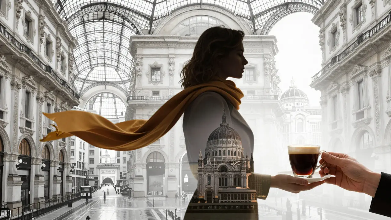 A woman's silhouette blends into Milan's skyline, her coat flowing into the Galleria, her scarf becoming a canal, evoking the city's soul.